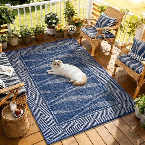 Jute Rug 3x5 Outdoor Patio Rug with Border, Washable Rugs for Entryway Porch, Farmhouse Non Slip Area Rugs with Rubber Backing, Non Shedding Carpet for Indoor Outdoor Bedroom, Courtyard, Blue - color: Blue, size: 3'x5'