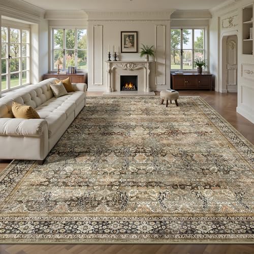 10x14 Area Rugs for Living Room - Washable Vintage Retro Large Rug, Soft Ultra Thin Non Slip Low Pile Traditional Distressed Boho Carpet for Bedroom Dining Room Home Office, Charcoal Olive - color: B-charcoal / Olive, size: 10x14