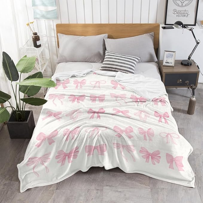 Coquette Pink Bow Blanket Cute Bow Christmas Throw Blanket Coquette Room Decor Large Trendy Preppy Coquette Blanket Couch Sofa Soft Warm Bed Blankets for Women Girls Gifts,60"x80"