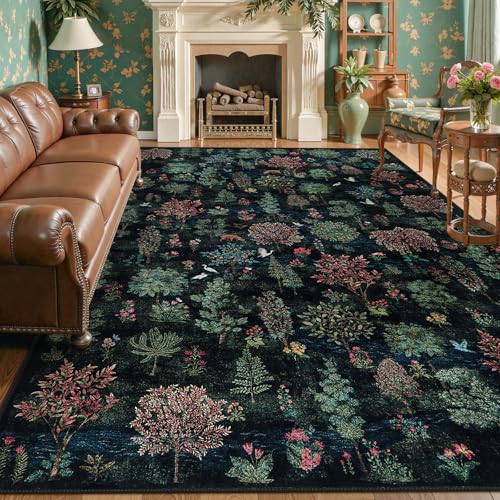 Beeiva 8x10 Rugs for Living Room, Dark Green Large Vintage Forest 8x10 Area Rugs for Bedroom, Soft Low Pile Stain Resistant Botanical Washable Rug Carpet for Playroom Home Décor(Dark Green,8x10ft - color: Dark Green-forest, size: 8' x 10' (Rectangular)