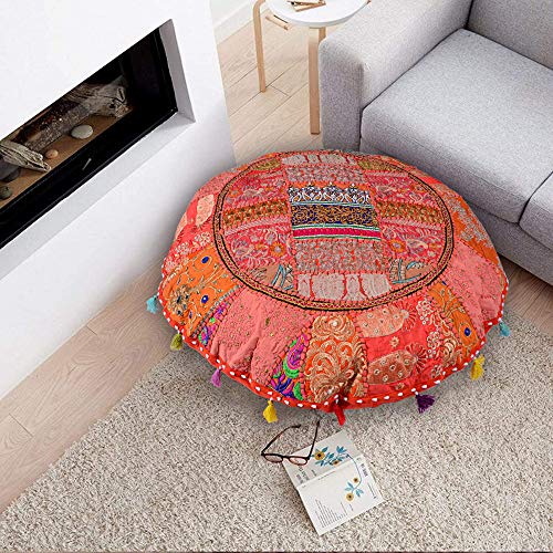 Rajasthani Handmade 32" Round Colorful Decorative Floor Pillow Cover Meditation Patchwork Patchwork Cushion Seating Accent Boho Chic Indian Handmade Cover ONLY(32" Orange) - color: Orange