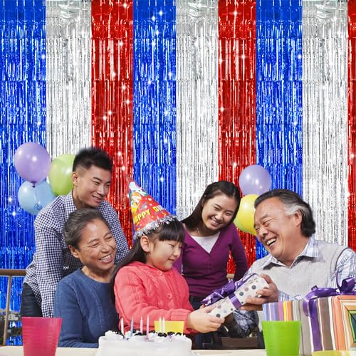 TONIFUL Red White and Blue Tinsel Foil Fringe Curtains,4th of July Decorations Independence Day Photo Booth Backdrop,Metallic Door Streamers for Patriotic Party Memorial Day Labor Day Supplies - color: Blue Silver Red
