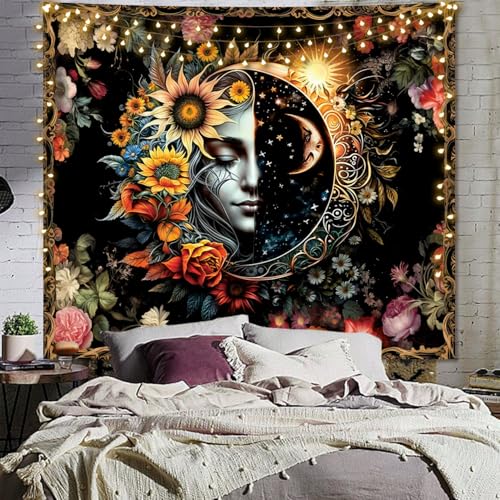 Sun and Moon Tapestry,Psychedelic Mystic Floral Tapestry Wall Hanging Modern Aesthetic Tapestry Hippie Boho Wall Art for Home Decor Bedroom Living Room Wall Decor Gift 59x51in - color: S06-Modern Aesthetic Sun and Moon