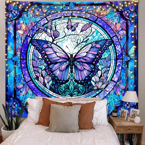 Stained Glass Butterfly Tapestry Wall Hanging Botanical Floral Plant Wall Art Moth Wall Tapestry Aesthetic Vintage Butterfly Flowers Decor for Home Decor Bedroom Living Room Dorm Decor 59x51in - color: S03-Butterfly