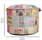 Aakriti Gallery Indian Pouf Footstool Ethnic Embroidered Pouf Cover - Cotton Round Pouffe Ottoman - Beige, 22x14