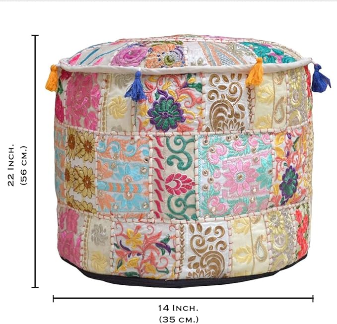 Aakriti Gallery Indian Pouf Footstool Ethnic Embroidered Pouf Cover - Cotton Round Pouffe Ottoman - Beige, 22x14