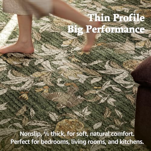 jinchan Eden Floral Washable Area Rug 3x5 Entryway Rug Vintage Lightweight Soft Non-Slip Indoor Low Pile Distressed Green Carpet for Living Room Kitchen Bedroom Entrance Laundry Nursery - color: Eden Green, size: 3' x 5' (Rectangular)