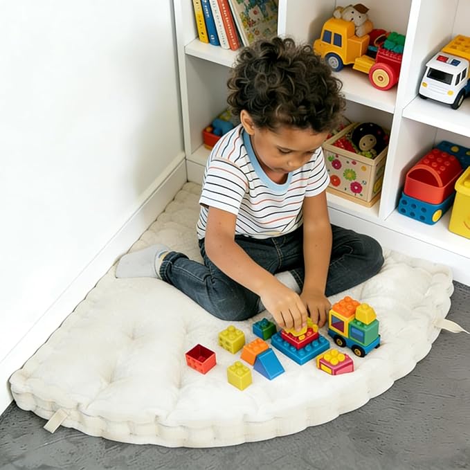 Fan-Shaped Floor Cushion Corner Nook Floor Pillow, Meditation Cushion for Sitting or Yoga, Kids Play Cushions Thick for Indoor or Outdoor Seating 28"*28" Ivory