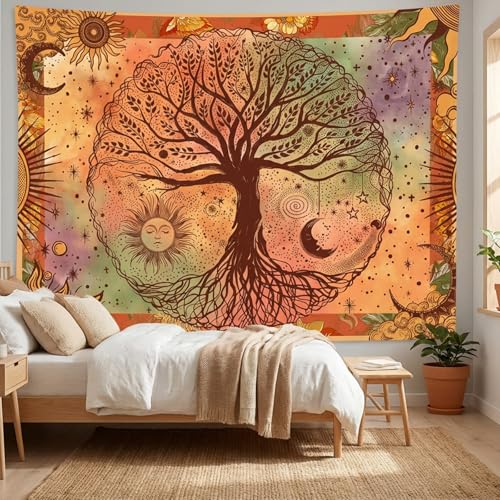 Lifeel Boho Orange Tree of Life Tapestry, Sun Moon Stars Aesthetic Nature Tapestries Home Decor for Living Room Bedroom, 36x48 inches - color: Orange, size: 48"L x 36"W
