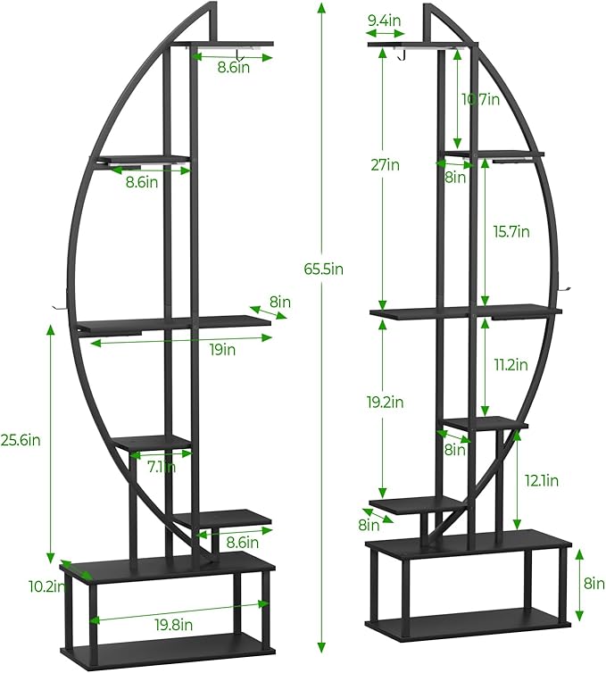 Plant Stand Shelf Rack Indoor with 6 Built in Grow Light, 7 Tiered 65" Tall Black Large Lighted Half Moon Curved Plant Stand for Indoor Growing, 2 Pack Arch Sturdy High Herb Flower Shelving