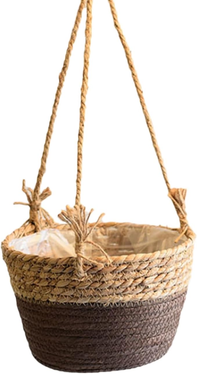 Ejoyous Hanging Planter Basket, Rustic Woven Flower Hangers for Indoor and Outdoor Plants Boho Style Hanging Straw Basket for Porches and Patio Decor (1pcs)
