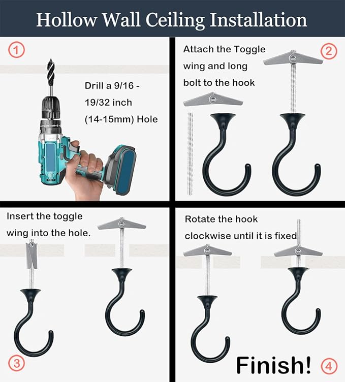4 Sets Heavy Duty Swag Ceiling Hooks with Hardware for Hanging Plants, Cavity Wall Fixing, Easy Installation, Holds Up to 30lbs, Ideal for Home & Garden (4 Sets, Black)