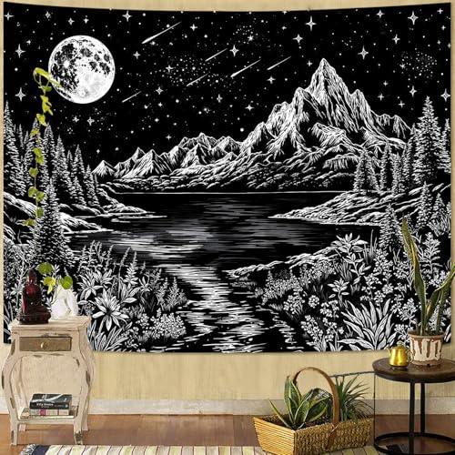 Zussun Black and White Mountain Forest Tapestry for Bedroom Aesthetic Dark Nature Lake Landscape Tapestries Wall Hanging Moon and Stars Wall Tapestry for Living Room Dorm 60 × 44 Inch - color: Black Lake, size: 60"L x 44"W