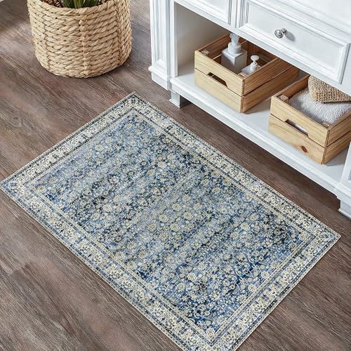 BILEEHOME Vintage Blue Kitchen Rugs 2x3 Dark Blue Distressed Low Pile Area Rug for Entryway Bathroom Washable Non Slip Boho Retro Floral Carpet for Side of Bed Entry 2 x 3 - color: Blue, size: 2' x 3' (Rectangular)