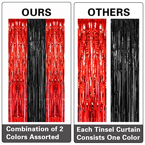 PIGETALE, 2 Pack 3.2x8.2 Feet Black and Red Foil Fringe Curtains Party Decorations, Tinsel Curtain Backdrop Streamers for Birthday Graduation Fiesta Stranger Theme Halloween Christmas Party Supplies - color: Red and Black