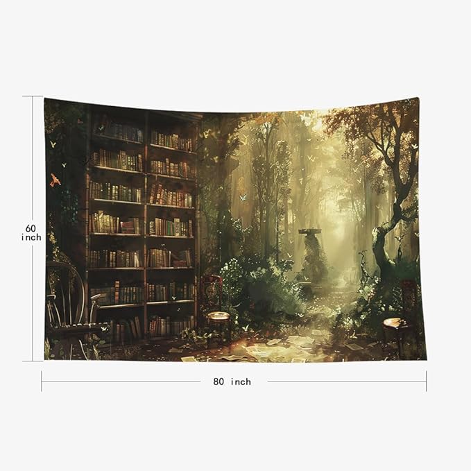 EMMTEEY Enchanting Forest Tapestry for Bedroom 80X60 Inch - Library Bookshelf Wall Art Medieval Dark Academia Backdrop for Students Women