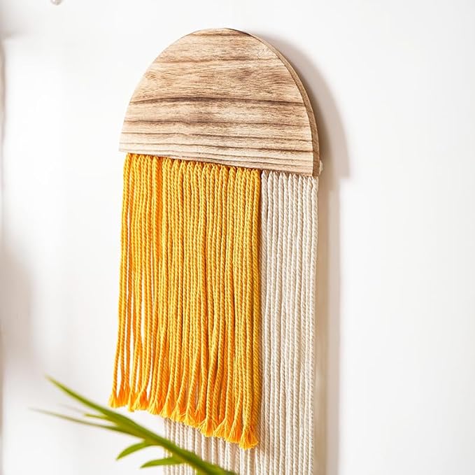 Macrame Wall Hanging, Boho Woven Tapestry, Modern Tassel Wall Decor, Handmade Wall Art Tapestry for Bedroom, Living Room, Home, Bohemian Apartment Decoration Ornament Craft (Yellow Semicircle)
