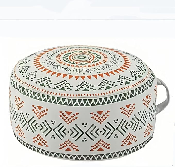 MOCOFO Unstuffed Round Pouf Cover - Boho Geometric Ottoman Footstool Cover with Handle, Tribal Fabric Floor Cushion Storage Bag for Living Room, Bedroom, Nursery (Sage Green/Terracotta)