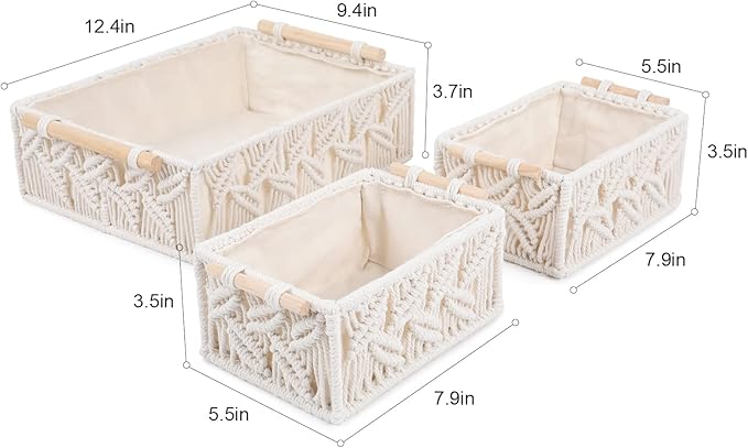 ANMINY 3PCS Macrame Storage Baskets for Organizing Boho Decor Baskets Storage Bins with Wood Handles Handmade Decorative Storage Boxes Desk Toilet Tank Bathroom Self Basket Organizer - Leaves
