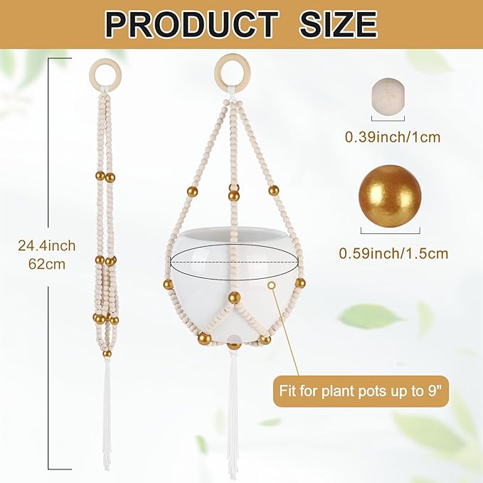 Hotfiary Plant Hanger Indoor Hanging Plant Holder Hang Planter Basket Wood Bead Decorative Flower Pot Holders Boho Farmhouse Rustic Decor Indoor Outdoor (Pot Not Included)
