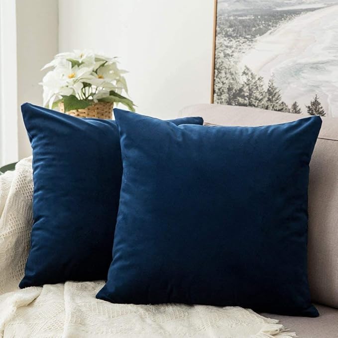 MIULEE Velvet Throw Pillow Covers 16x16 Inch, Pack of 2 - Dark Blue, Soft Solid Decorative Pillow Covers Farmhouse Modern Home Decor for Couch Sofa Bedroom Living Room