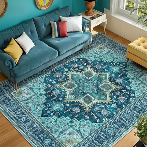 5x7 Turquoise Area Rugs for Living Room - Vintage Teal Green Boho Medallion Aesthetic Distressed Washable Rug, Soft Non-Slip Backing Low Pile Carpet for Office, Lounge, Bedroom Foot of Bed - color: Turquoise, size: 5' x 7' (Rectangular)