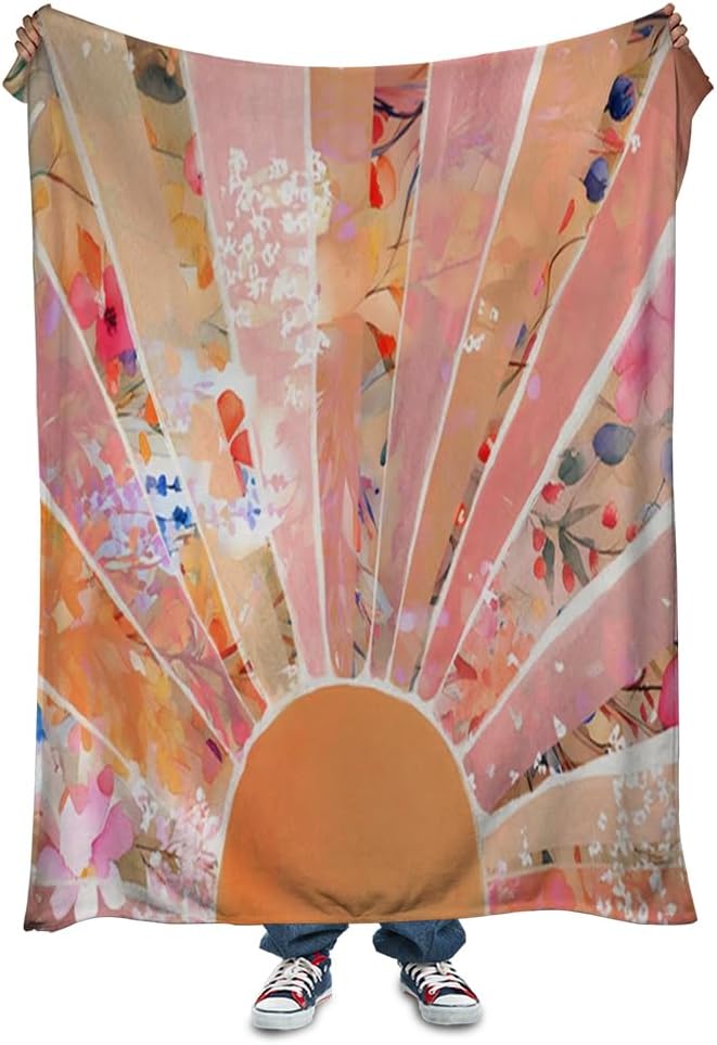 Orange Boho Sun Throw Blanket 60Wx80H Inch Bohemian Minimalist Art Boys Girls Abstract Colorful Flower Aesthetic Blankets Warm Fuzzy Throw Blanket for Sofa Bed Throws Birthday Presents