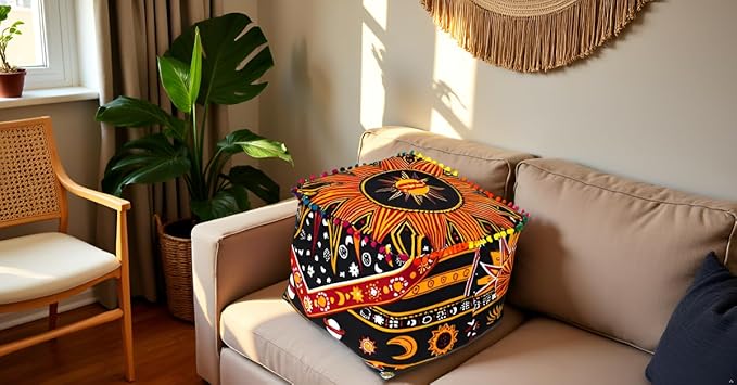 CRAFT KALA Square Mandala Floor Pillow Cushion Cover Seating Throw Cover Hippie Decorative Bohemian Ottoman Poufs Cover Pillow Cases Cotton Living Room Home Décor 18X18X14 inches, Orange Burning Sun