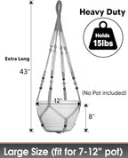 43 Inches Macrame Planter Hanger Large for 12 inch Pot + Swag Hook (Extra Long & Big) | Large Hanging Planter for Indoor Plants | No Tassel, Cotton Rope, No Pot/Plant Included (XL)