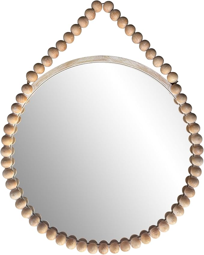 POZINO Wood Round Mirror, 36" Large Wooden Beaded Mirror, Farmhouse Hanging Country Rustic Mirrors with Rope, Spherical Frame Circle Mirrors for Bathroom Bedroom Living Room Hallway Entryway Fireplace