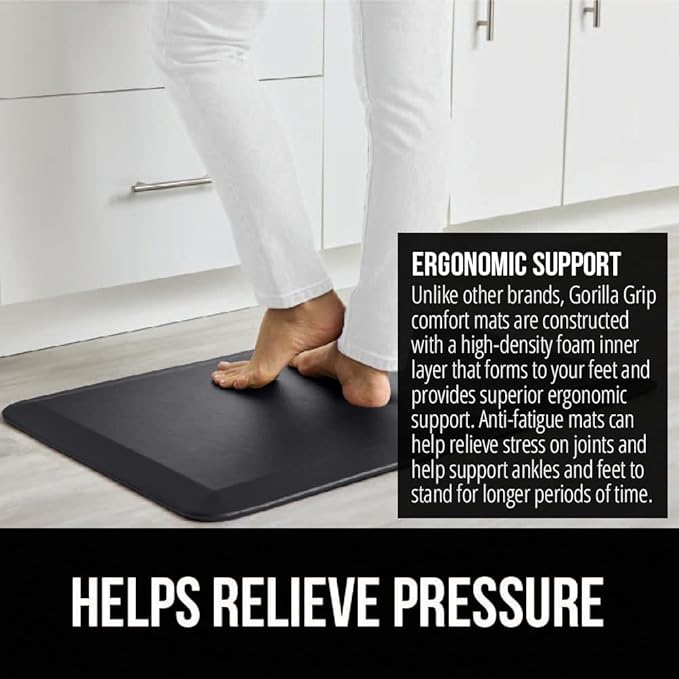 GORILLA GRIP Comfortable Cushioned Kitchen Mats for Floor, 58x20, Waterproof and Stain Resistant Soft Top, 3/4 Inch Thick Ergonomic Standing Desk Anti Fatigue Mat, Foam Supports Ankles and Feet, Black