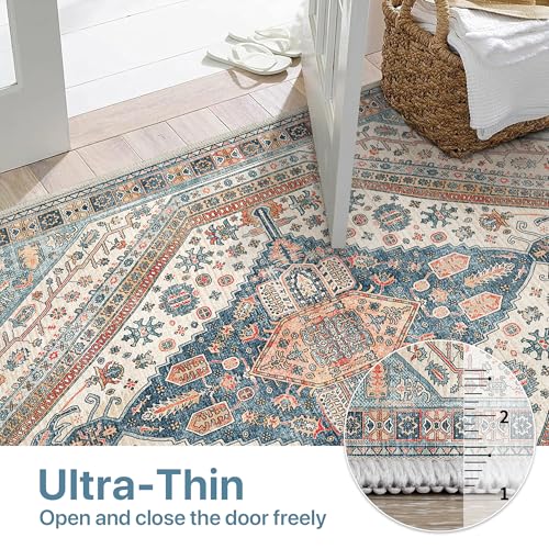 Bavni Kitchen Rug 2x5 Runner Rugs for Hallways Entryway, Washable Vintage Print Carpet, Ultra-Thin Chenille Low Pile Lightweight Rug with Non Slip Backing, Blue/Orange - color: Blue/Orange, size: 2' x 5' (Rectangular)