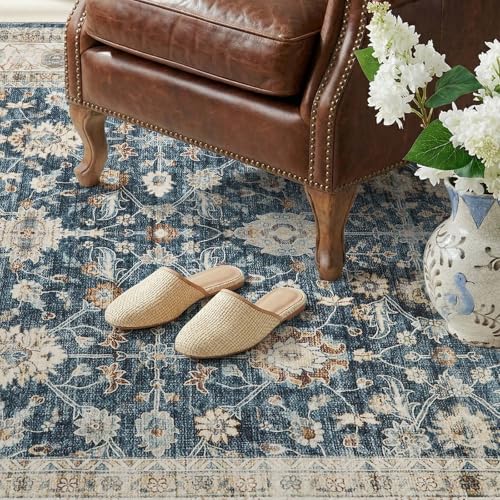 jinchan 2x3 Washable Vintage Floral Rug, Distressed Traditional Entryway Rug, Soft Low-Pile Non-Slip Accent Mat for Indoor Foyer, High-Traffic Kitchen Sink Laundry Room, Blue - color: Oriental Beige on Dark Blue, size: 2' x 3' (Rectangular)