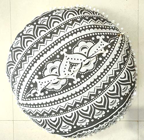 INDIAN CRAFT CASTLE 24" Grey Ombre Mandala Barmeri Large Floor Pillow Cover Cushion Meditation Seating Ottoman Throw Cover Hippie Decorative Zipped Bohemian Pouf Ottoman Pom Pom Cases 24" Round - color: Grey, style: 24 Inch Round