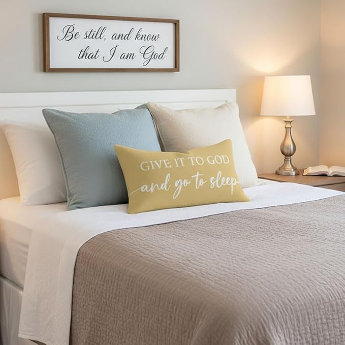Decorative Throw Pillow Covers 12x20 Inch Set of 2 – Yellow Christian Lumbar Pillowcase – Give It to God and Go to Sleep/Relax God’s Got This – Spring Summer Faith Bedroom Bed Decor