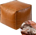 Pouf Ottoman - Unstuffed Handmade Faux PU Leather Moroccan Style, Eco-Friendly Pouf Cover with Storage Potential, Foot Rest for Living Room, Floor Chair Gifts for Men & Women (Vintage Orange)