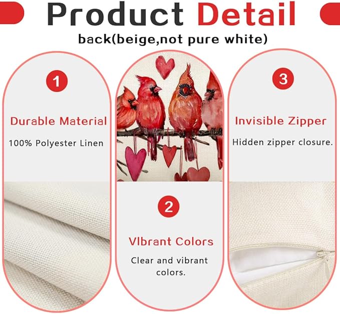 RABUSOFA Valentines Pillow Covers 12x20 inch Valentines Day Decoration Red Love Heart Cardinal Anniversary Wedding Lumbar Throw Pillowcase for Couch Home Decor