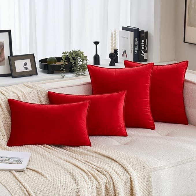 MIULEE Bright Red Velvet Throw Pillow Covers 18x18 Soft Decorative Solid Square Cushion Cases Pack of 2 Modern Luxury Home Decor for Couch, Sofa, Bedroom