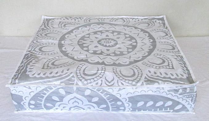 CRAFT KALA Mandala Floor Pillow Cushion Cover Seating Throw Cover Hippie Decorative Bohemian Ottoman Poufs Pillow Cases Boho Indian Cotton Living Room Yoga Home Décor 24" Square, White Silver Flower