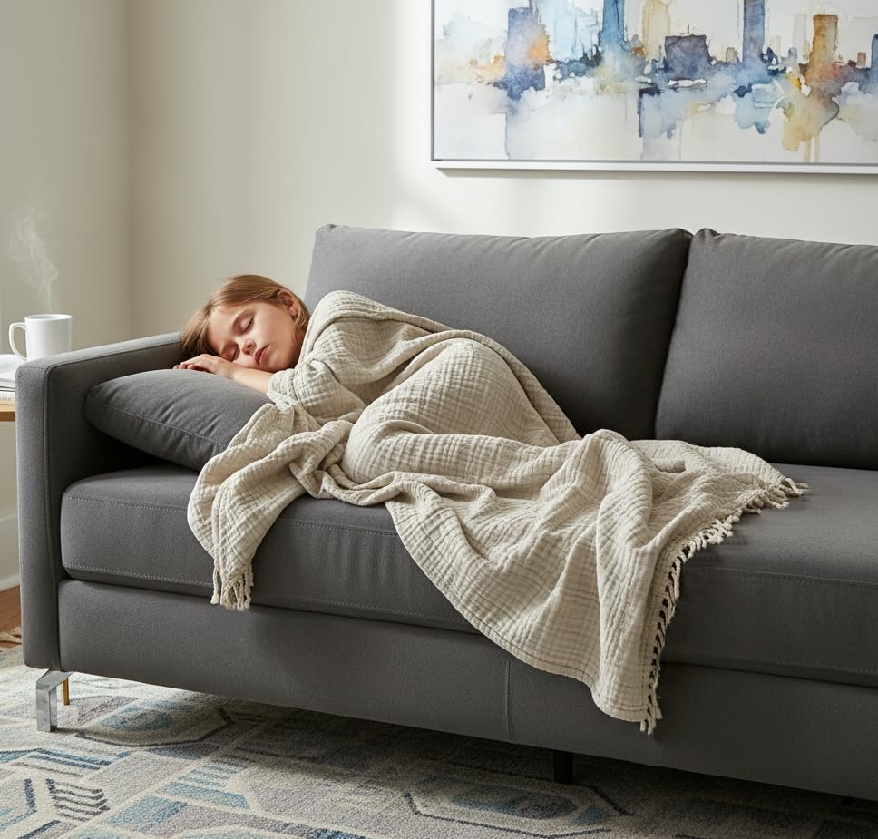 KyraHome 100% Organic Cotton Throw Muslin Blankets, 90"x90", Pre-Washed Plant Dyed, Breathable Lightweight Soft Gauze Summer Blankets for Adults, Bed, All Season, Oatmeal Khaki - color: Oatmeal Khaki, size: Queen