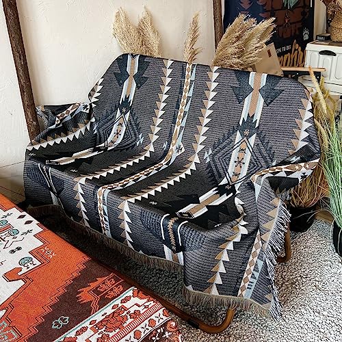 LumiSyne Cotton Woven Throw Blanket With Tassel Bohemian Tribal Ethnic Style Geometric Pattern Aztec Navajo Blanket Decorative Throw For Sofa Bed Armchair Camping Tapestry Tablecloths Carpet 160x130cm - color: Black Brown Triangle