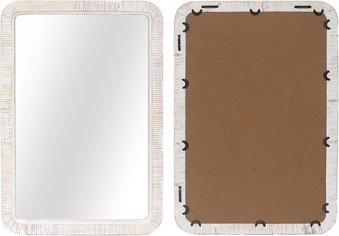 FUIN 20" x 30" Rattan Wicker Rectangle Wall Mounted Bathroom Mirror for Coastal Boho Nursery Decor, White Wash