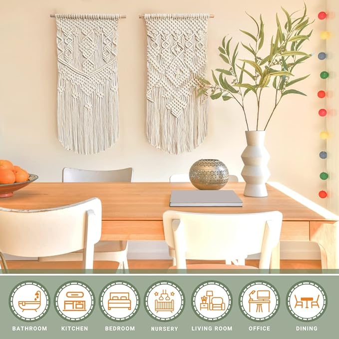 LIVALAYA Boho Macrame Wall Hanging Woven Decor, 24”L x 13”W, Set of 2, Beige wall decor Modern Bohemian Farmhouse woven wall hangings for House Apartment Dorm Room, Nursery, Geometric Aztec Décor