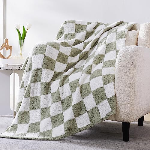 WRENSONGE Checkered Throw Blanket, Sage Green Soft Cozy Fluffy Warm Hand Made Queen Throw Blankets for Couch, Sofa, Chair, Bed, Camping, Picnic, Travel Lightweight Bed Blanket - 90"*90" - color: Aloe Sage, size: Queen(90"x90")