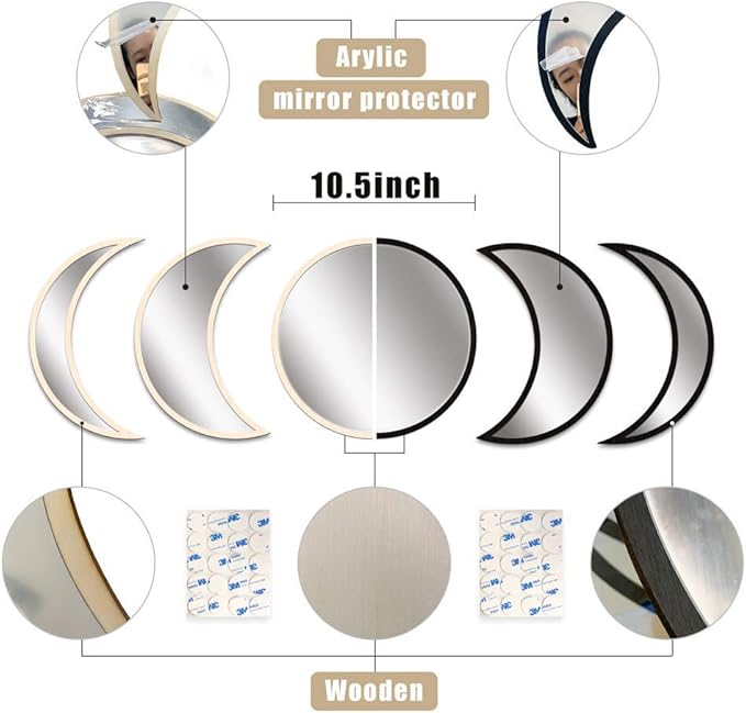 MAXROCK Moon Phase Mirror Set, 5 Piece Scandinavian Natural Decor Wall Decorative Home Decor Bohemian Moon Mirror for Living Room Bedroom, Acrylic Mirror, Not Real Mirror
