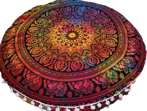 CRAFT KALA 32" Large Round Bohemian Floor Pillow Cover Boho Pouf Cover Mandala Meditation Room Pillows Cover Adults Seating Poufs Cushion Cover for Kids Reading Playroom Multi Elephant - color: Multi Elephant