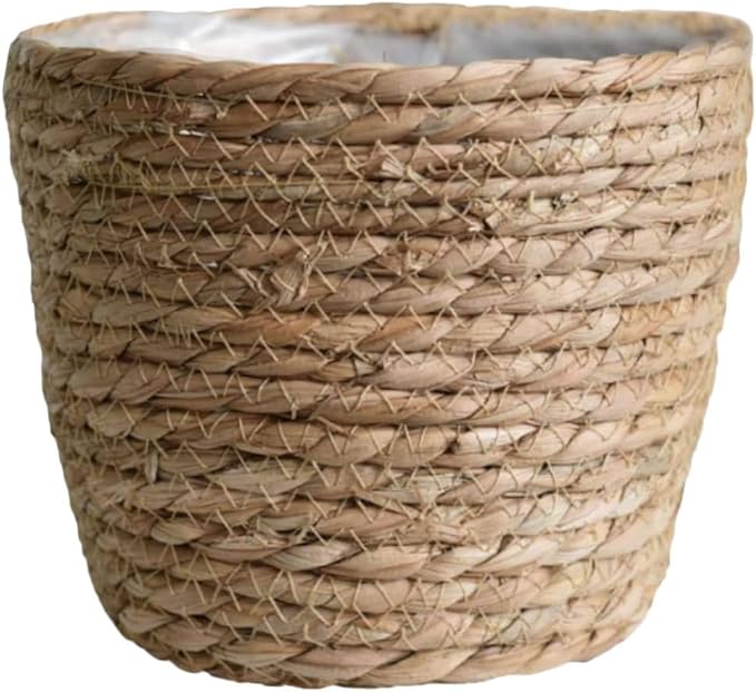 Hand Woven Planter Basket with Liner Rustic Straw Flower Pot for Indoor Outdoor Plants Balcony Living Room Decor 7.8X9.75X7.8 Inches