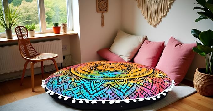 Round Mandala Floor Pillow Cover Seating Cushion Throw Cover Hippie Decorative Bohemian Ottoman Pouf Cover, Pom Pom Pillow Cases,Boho Indian 22 Inches (Multi Flower)