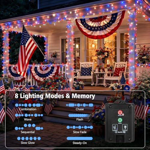 4 Pack Red White and Blue Solar Fairy Lights, 131ft 400LED 4th of July Solar String Lights Waterproof with 8 Modes, Green Wire Outdoor Patriotic Lights for Memorial Day Independence Day Decor - color: Red Blue White