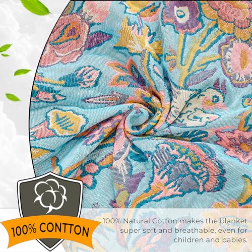 Boho Throw Blanket,50"x60" 100% Organic Cotton Soft Floral & Bird Summer Muslin Blanket,Purple Rustic Farmhouse Decorative Cotton Quilt for Couch,Bed,Chair,Home Decor,Gift for All Season - color: Floral Slumber, size: 50"x60"